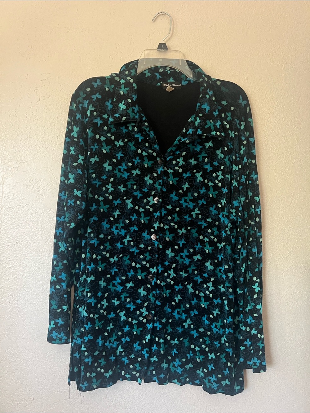 Button-Front Floral Velvet Blouse in Teal and Black